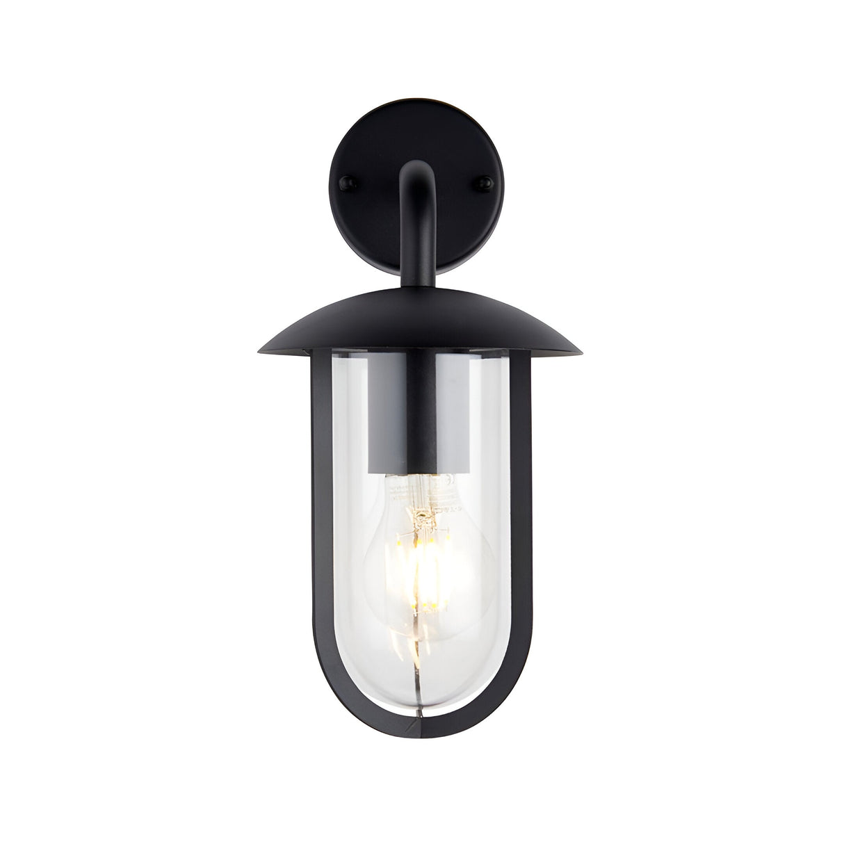 Black aluminium Chartley outdoor wall light with curved arm, domed top, and clear glass shade revealing an E27 filament bulb.