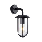 Chartley black aluminium outdoor wall light with curved arm, dome canopy and clear cylindrical shade for an E27 filament bulb.