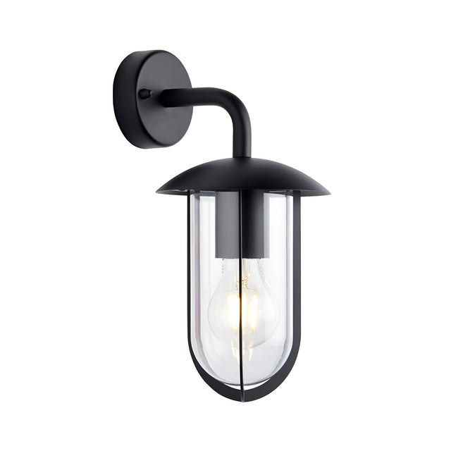 Chartley black aluminium outdoor wall light with curved arm, dome canopy and clear cylindrical shade for an E27 filament bulb.