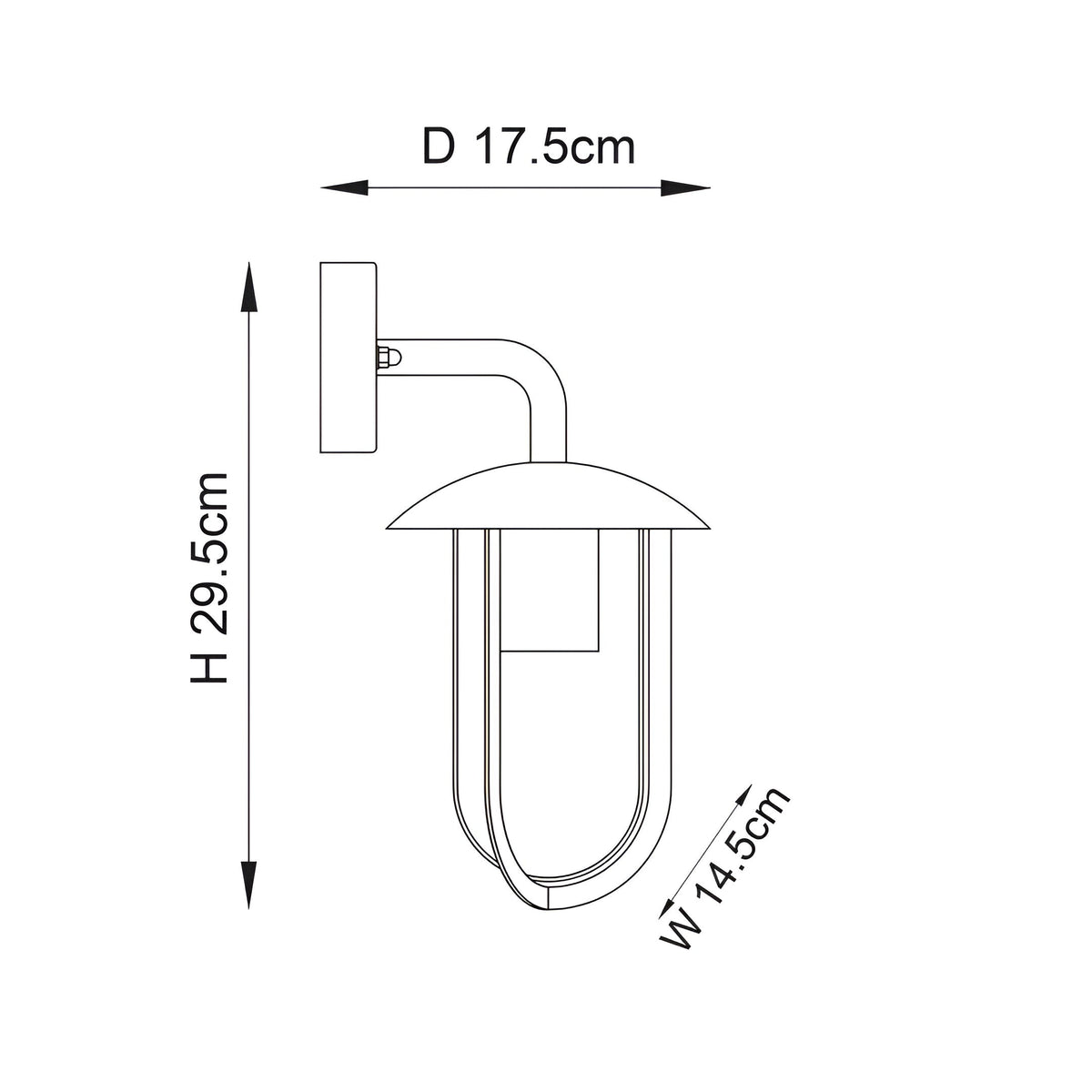 Technical line drawing of the Chartley black outdoor wall light showing dimensions 29.5cm height, 17.5cm depth, 14.5cm width