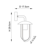 Technical line drawing of the Chartley black outdoor wall light showing dimensions 29.5cm height, 17.5cm depth, 14.5cm width