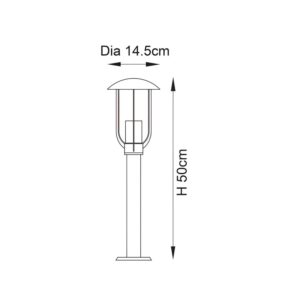 Line drawing of the Chartley Outdoor Post Light in black, showing a lantern-style head with clear panels on a slim post, 14.5cm diameter and 50cm height.