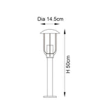 Line drawing of the Chartley Outdoor Post Light in black, showing a lantern-style head with clear panels on a slim post, 14.5cm diameter and 50cm height.