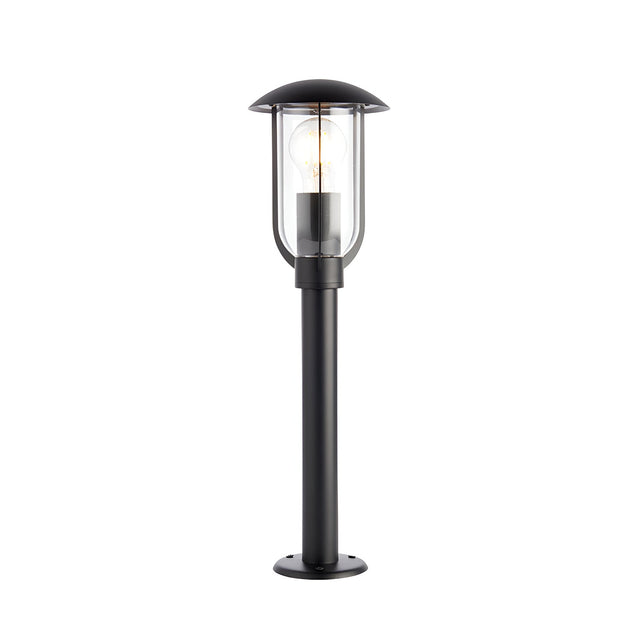 Chartley Outdoor Post Light in black textured aluminium with domed canopy and clear polycarbonate shade, slim pole with round base, on white background.