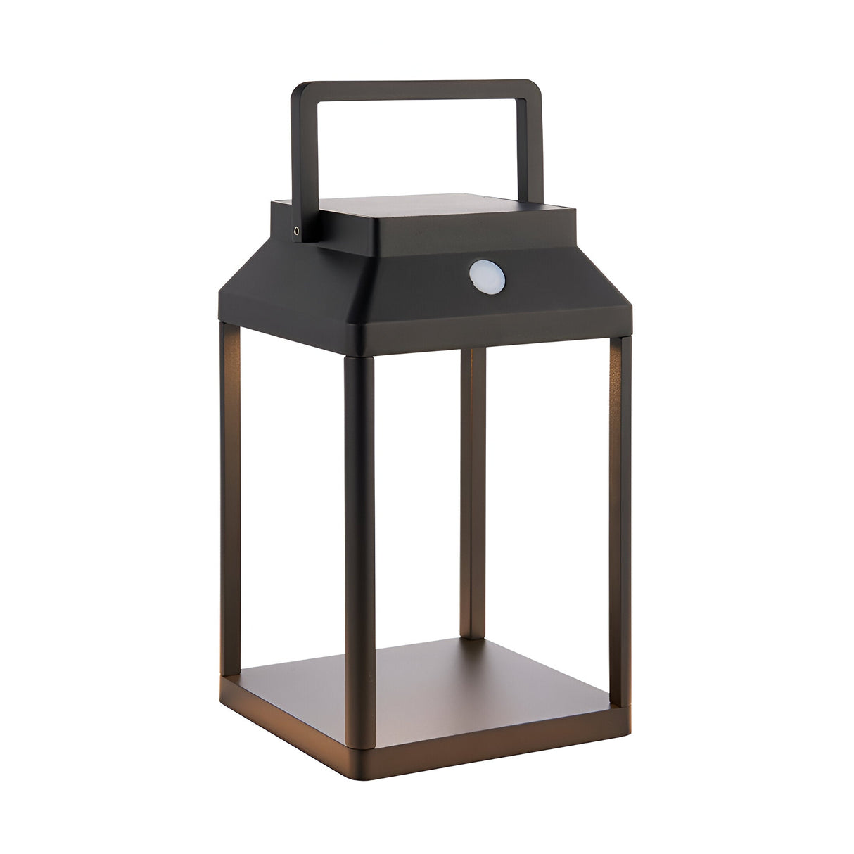 Caldshaw LED Solar Table Lamp in black, open-frame aluminium lantern design with top handle and motion sensor, shown on a plain white background.