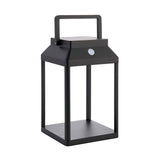 Caldshaw black LED solar table lamp with open-frame lantern design, square base, top handle, and integrated diffuser panel, on a white background.