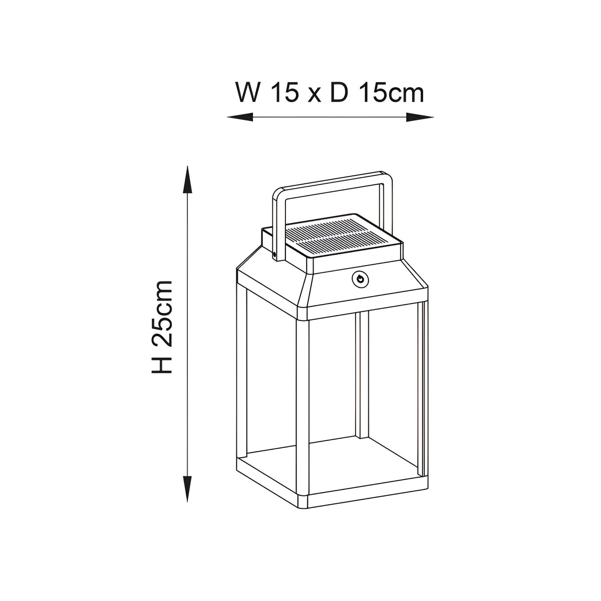 Line drawing of the black Caldshaw LED Solar Table Lamp, lantern-style frame with carry handle, top vents and glass panels, W15 x D15 x H25cm.