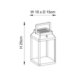 Line drawing of the black Caldshaw LED Solar Table Lamp, lantern-style frame with carry handle, top vents and glass panels, W15 x D15 x H25cm.