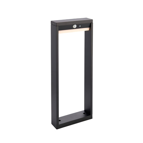 Endon Blythe LED solar post light in textured black aluminium, a slim rectangular bollard with PIR sensor and warm white diffuser, on a white background.