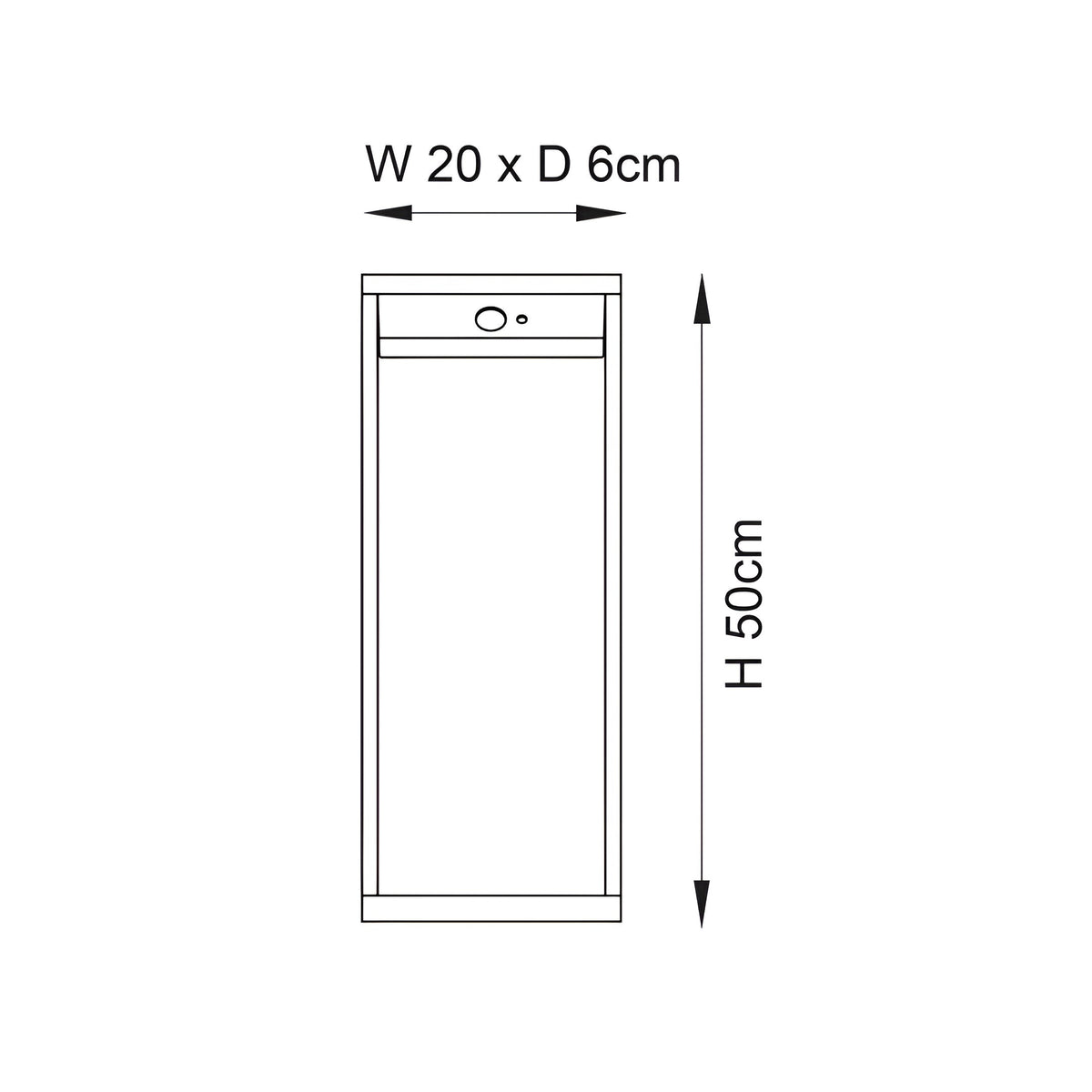 Dimension diagram of the Endon Blythe LED solar bollard post light showing 20cm width, 6cm depth and 50cm height on a white background.