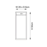 Dimension diagram of the Endon Blythe LED solar bollard post light showing 20cm width, 6cm depth and 50cm height on a white background.