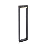 Endon Blythe LED solar bollard light in textured black aluminium with tall rectangular frame, top PIR sensor, and warm white diffuser on white background.