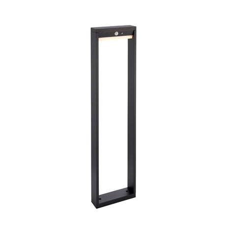 Endon Blythe LED solar bollard light in textured black aluminium with tall rectangular frame, top PIR sensor, and warm white diffuser on white background.
