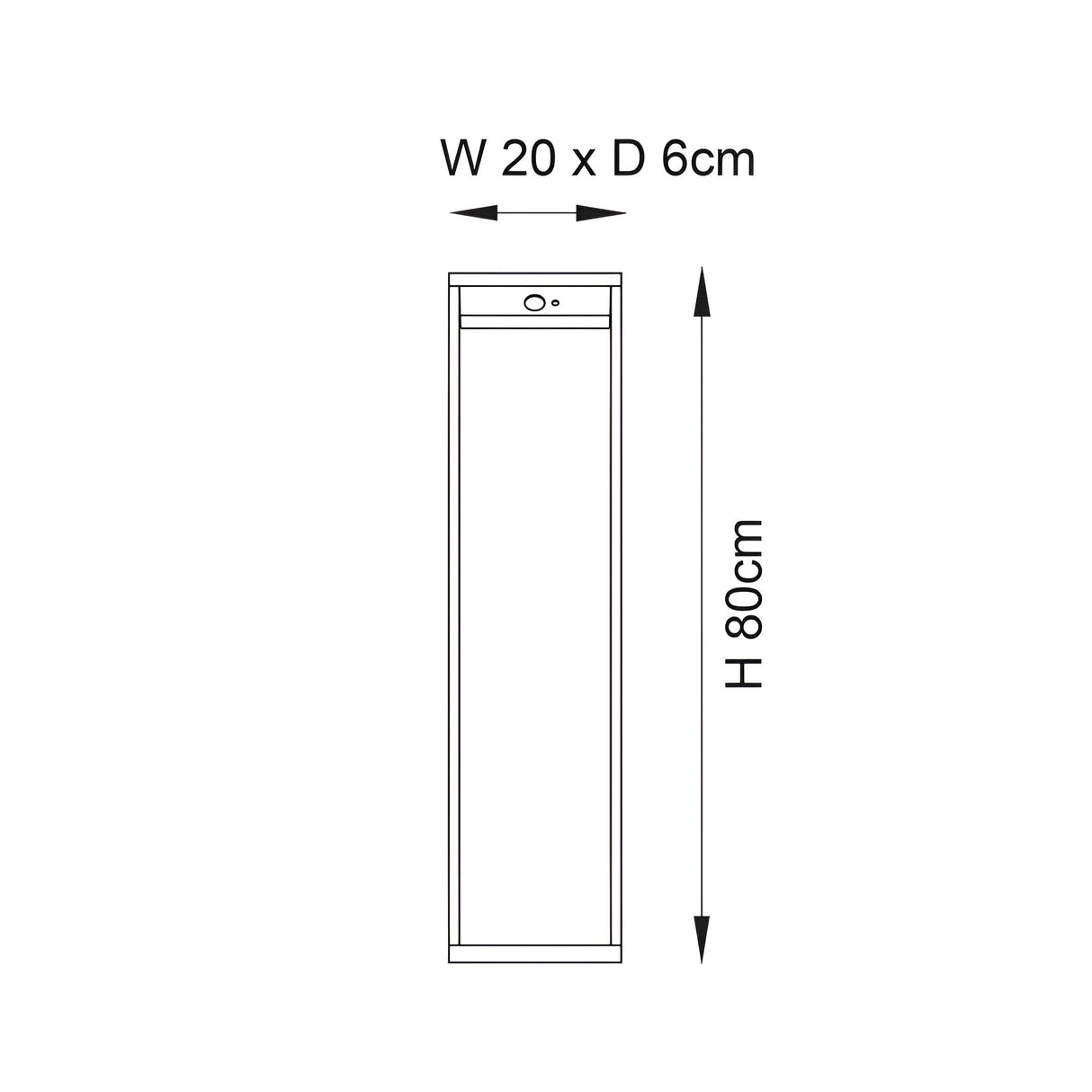 Dimension diagram of the Endon Blythe LED solar bollard light showing 20cm width, 6cm depth and 80cm height on a white background.