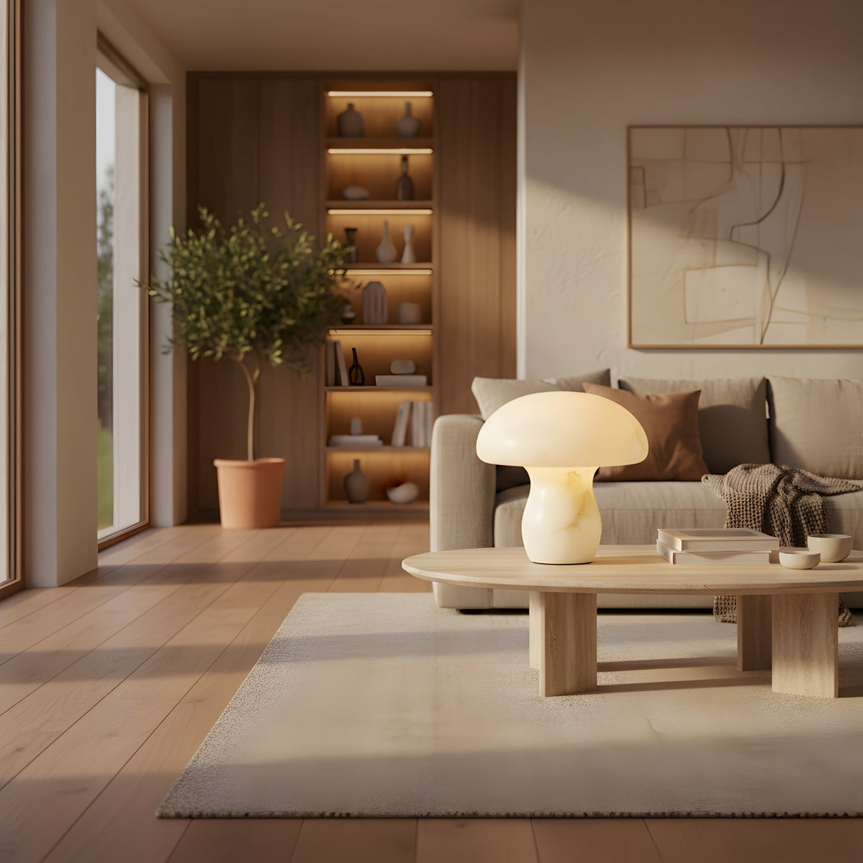 A cozy living room with a beige sofa, round coffee table topped by the Morfia 1 Light Medium Mushroom Alabaster Table Lamp in Natural Brass, a potted plant, built-in shelves with decor, and sunlight streaming through large windows.