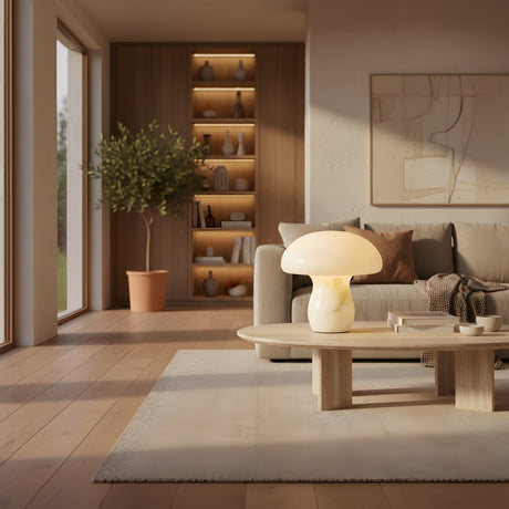 A cozy living room with a beige sofa, round coffee table topped by the Morfia 1 Light Medium Mushroom Alabaster Table Lamp in Natural Brass, a potted plant, built-in shelves with decor, and sunlight streaming through large windows.