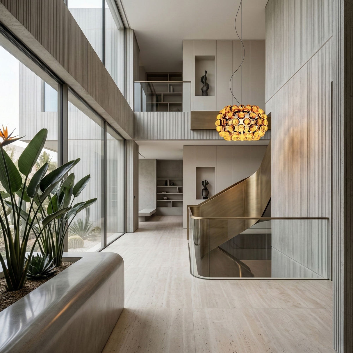 A modern, spacious interior with floor-to-ceiling windows, a brass staircase, light stone floors, indoor plants, minimalist decor, and contemporary lighting featuring the Briller LED Large Suspension Light in gold above the stairwell.