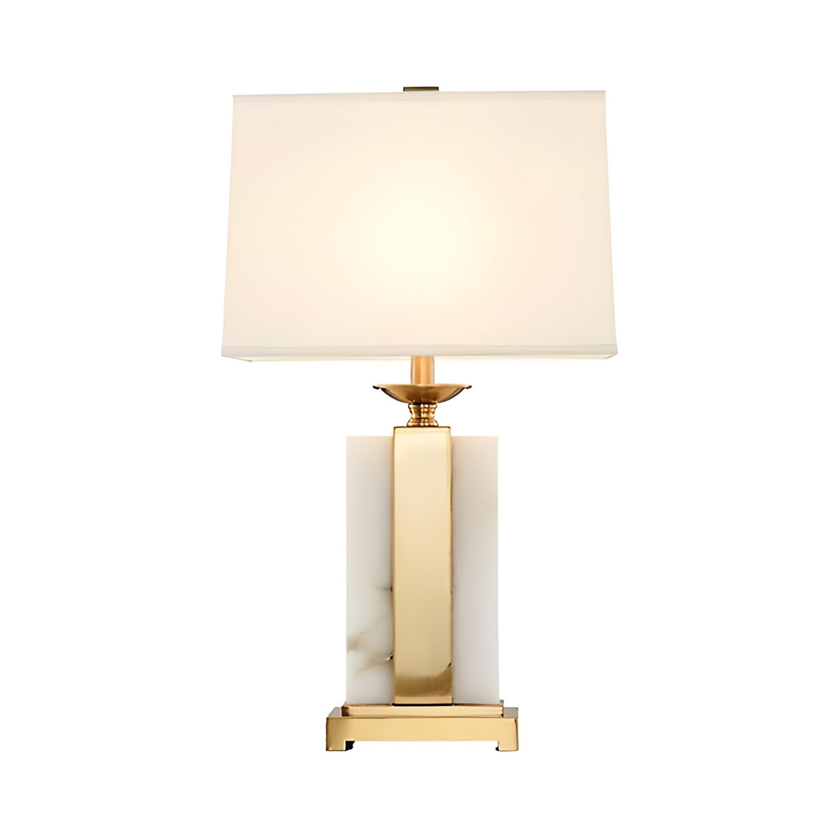 The Chandor 1 Light Alabaster Table Lamp in Brass & Soft White features a rectangular white shade and gold-accented alabaster base, shown here photographed against a white background.