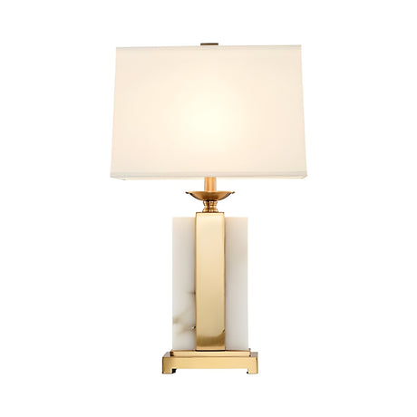 The Chandor 1 Light Alabaster Table Lamp in Brass & Soft White features a rectangular white shade and gold-accented alabaster base, shown here photographed against a white background.