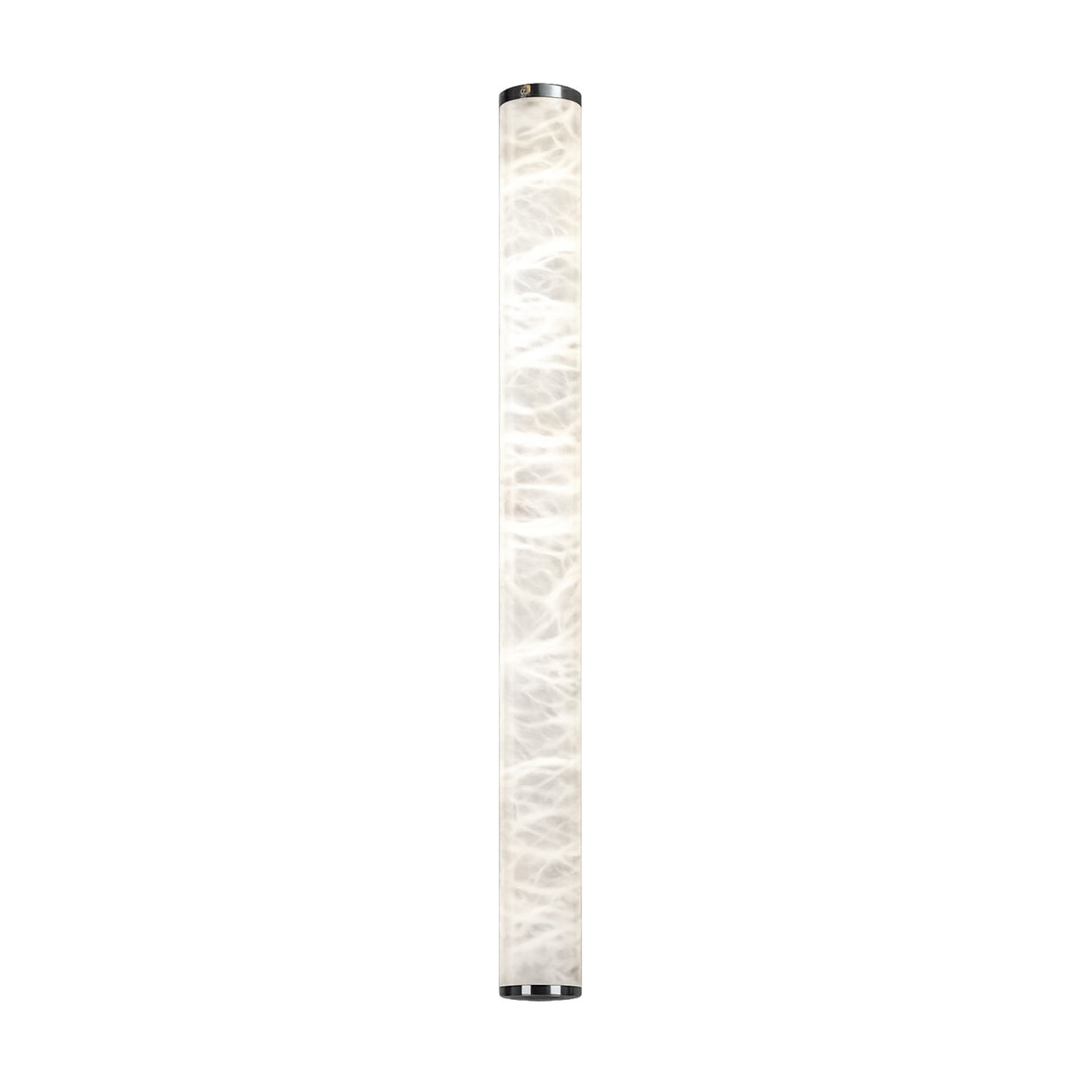 The Corvane LED Large Slim Cylindrical Alabaster Wall Light in Soft White features a white marbled pattern and metallic end caps, shown against a plain white background.