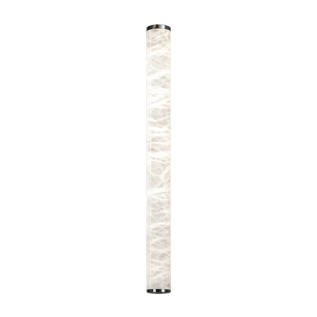 The Corvane LED Large Slim Cylindrical Alabaster Wall Light in Soft White features a white marbled pattern and metallic end caps, shown against a plain white background.