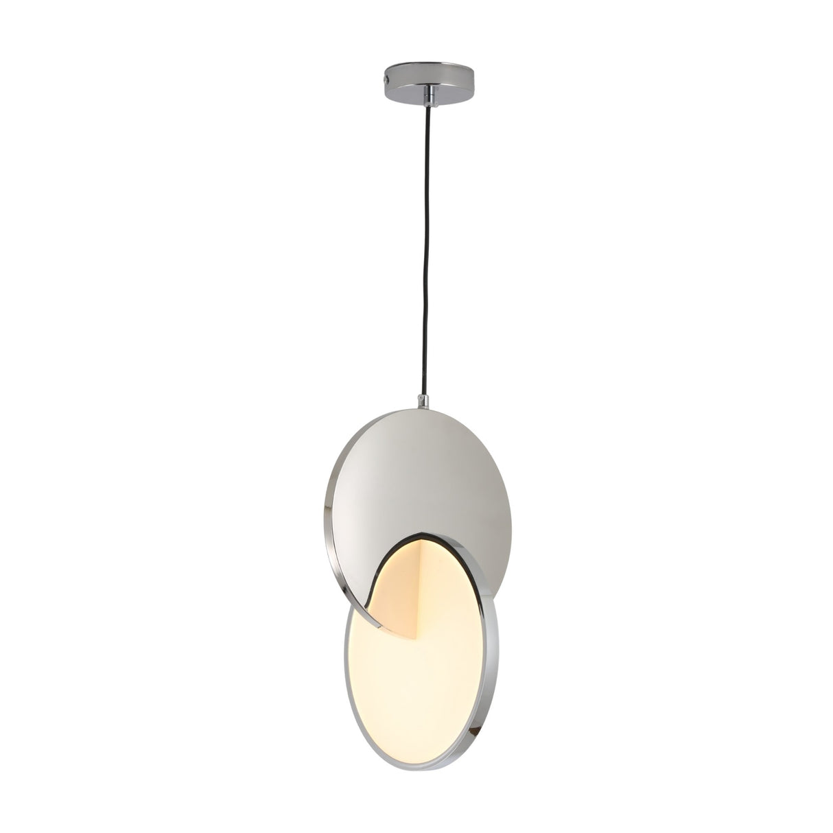 The Half Moon LED Pendant Light - Silver features two overlapping discs—one metallic, one illuminated—suspended by a black cord and ceiling mount, creating a striking modern centerpiece.