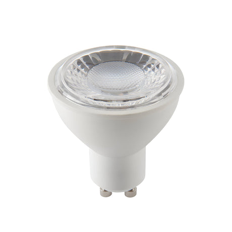 Endon 7W GU10 LED bulb with faceted clear lens, white housing and twist-and-lock base, shown on a plain white background.