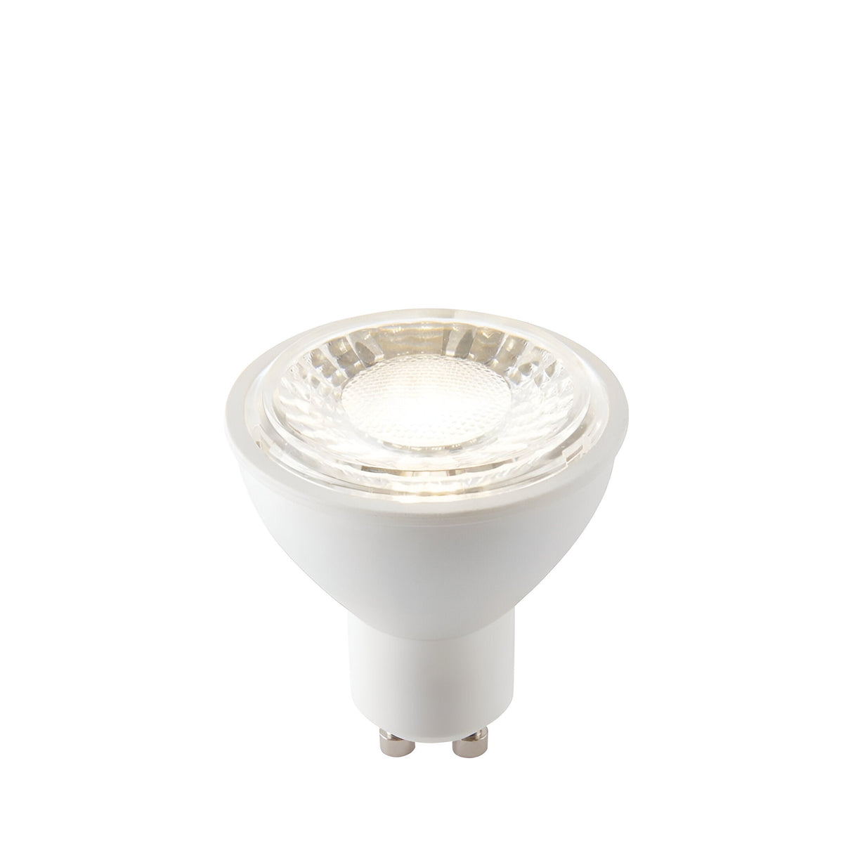 Endon 7W GU10 LED bulb in dimmable cool white, with a white plastic body, twist-and-lock base and clear faceted reflector lens, on a plain background.