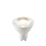 Endon 7W GU10 LED bulb in dimmable cool white, with a white plastic body, twist-and-lock base and clear faceted reflector lens, on a plain background.