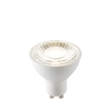 Endon 7W GU10 LED bulb in dimmable cool white, with a white plastic body, twist-and-lock base and clear faceted reflector lens, on a plain background.