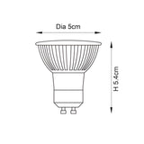 Technical line drawing of the Endon 7W GU10 LED bulb showing a 5cm diameter and 5.4cm height on a plain white background.