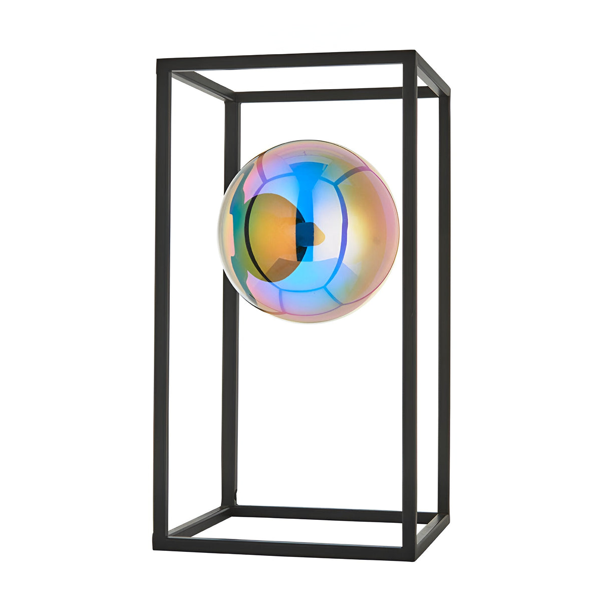 Brockwell Table Lamp in matt black with open rectangular frame and iridescent orb glass shade, on a plain white background.