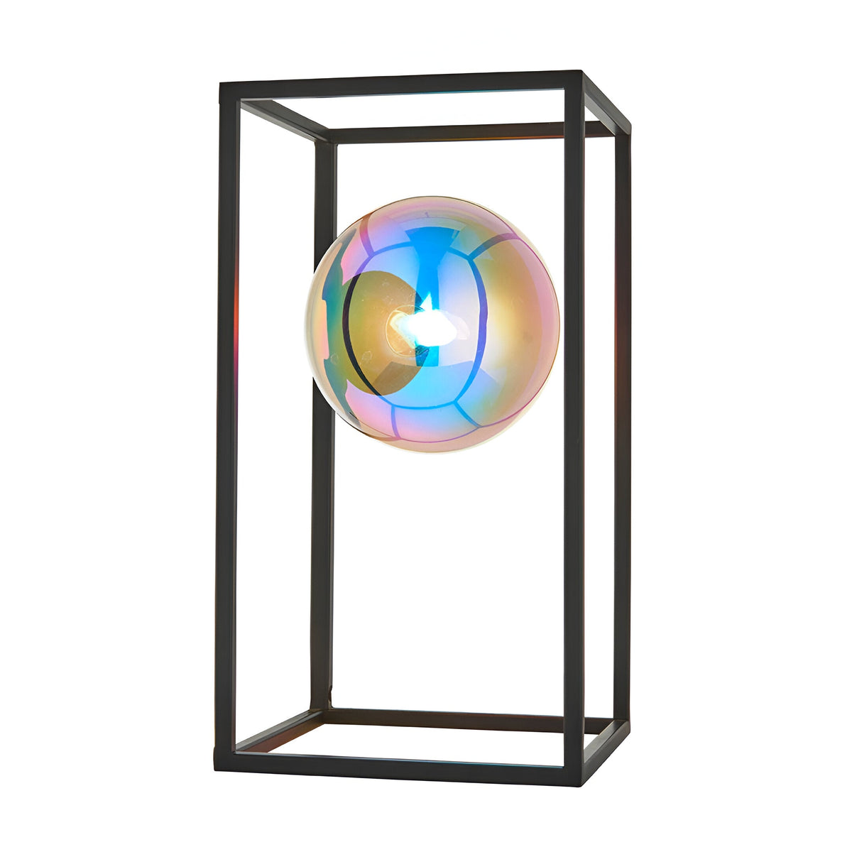Brockwell Table Lamp in matt black, open rectangular frame with a floating iridescent glass orb shade, single G9 bulb, on a plain white background.