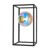 Brockwell Table Lamp in matt black, open rectangular frame with a floating iridescent glass orb shade, single G9 bulb, on a plain white background.