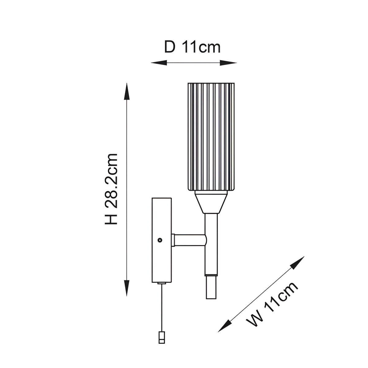 Dimension diagram of the Endon Castbourne bathroom wall light in chrome, showing 28.2cm height, 11cm width, and 11cm projection.