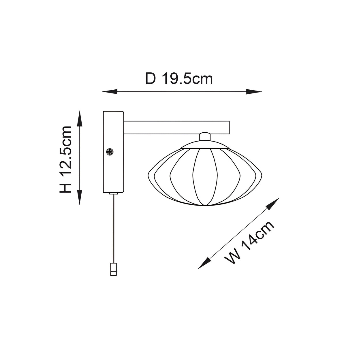 Line drawing of the Carlmont bathroom wall light showing satin brass arm, ribbed glass shade and pull switch, with dimensions D 19.5cm, H 12.5cm, W 14cm.