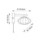 Line drawing of the Carlmont bathroom wall light showing satin brass arm, ribbed glass shade and pull switch, with dimensions D 19.5cm, H 12.5cm, W 14cm.