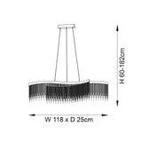 Dimension diagram of the Endon Caststead linear pendant showing 118cm width, 25cm depth, and adjustable 60–182cm height.