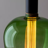 Close-up of Endon 2.8W E27 LED filament bulb with green ombre glass and warm white 1800K amber glow from the etched acrylic sleeve.