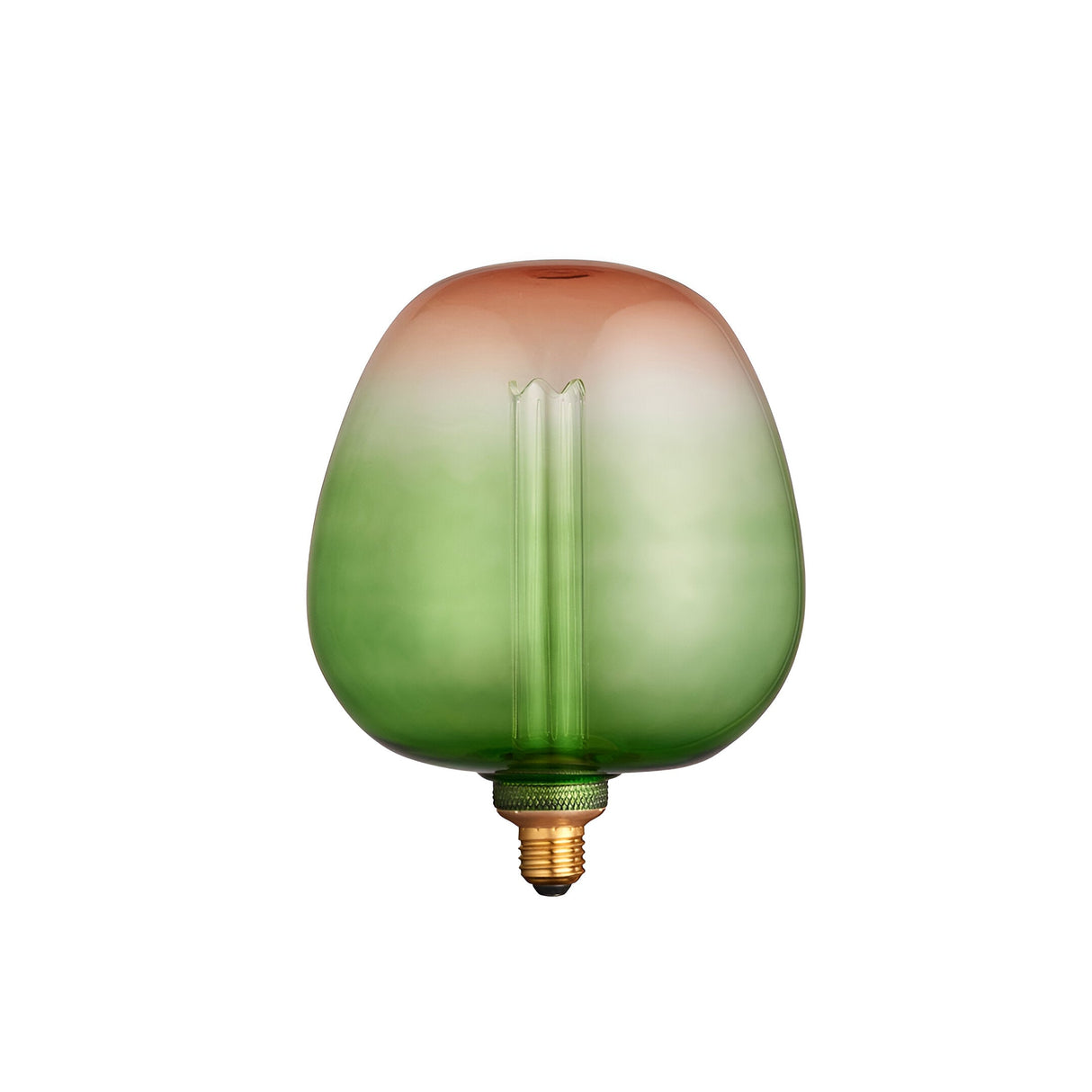 Endon 2.8W E27 LED filament globe bulb with green-to-pink ombre glass and brass screw cap, shown on a plain white background.