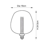 Endon 2.8W E27 LED filament bulb technical diagram showing rounded ombre glass shape with 19cm diameter and 24.5cm height on a white background.