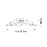 Dimension diagram of the Endon Hartley 3 Light Semi-Flush Ceiling Light in brass, showing 56.5cm diameter and 12cm height.