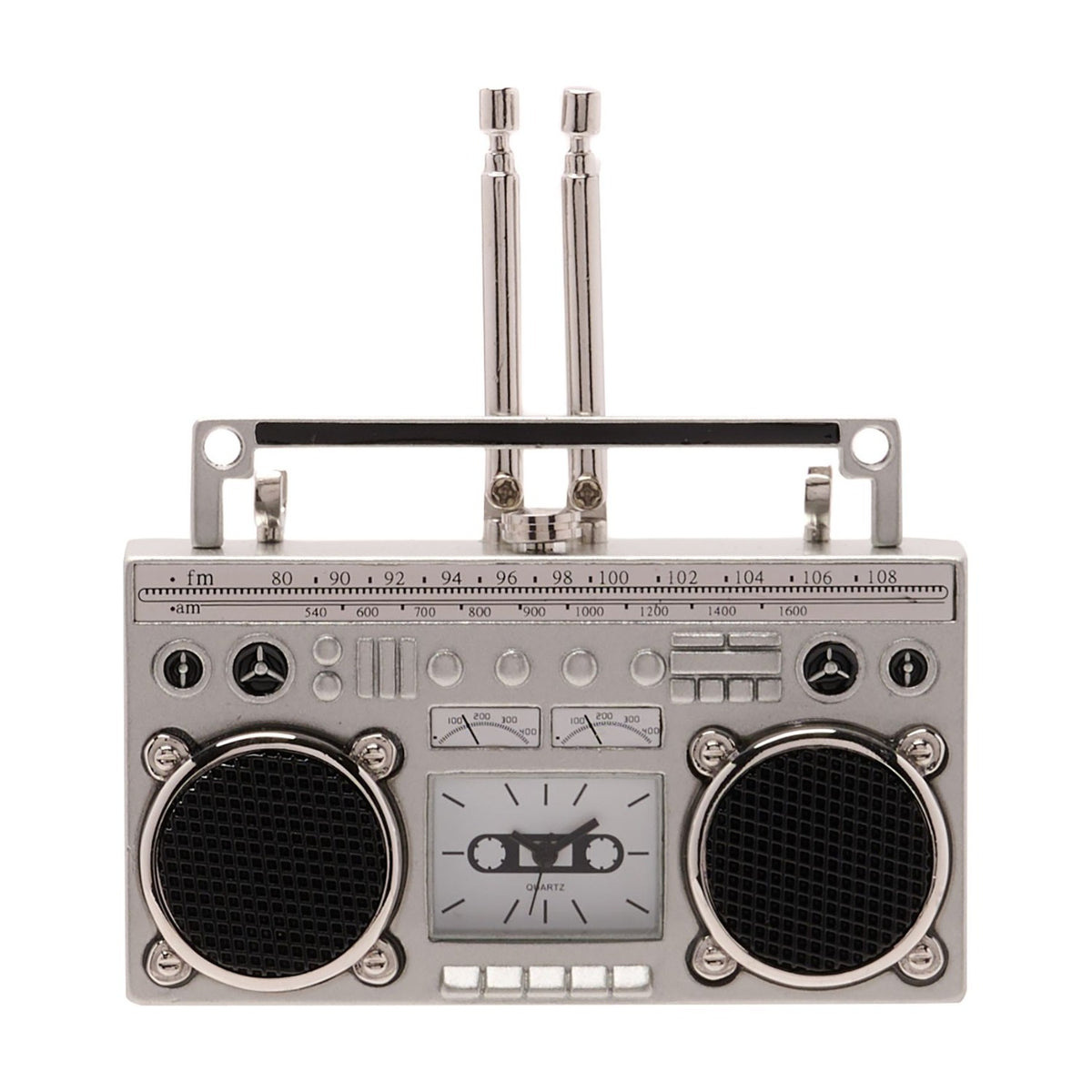 Miniature Retro Cassette Radio Metal Mantel Clock - Silver