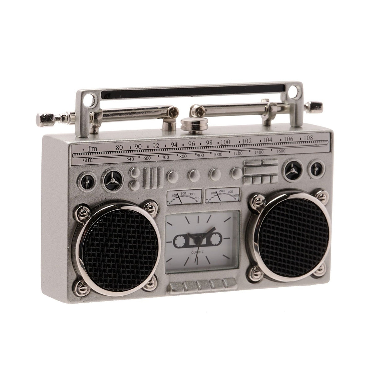Miniature Retro Cassette Radio Metal Mantel Clock - Silver