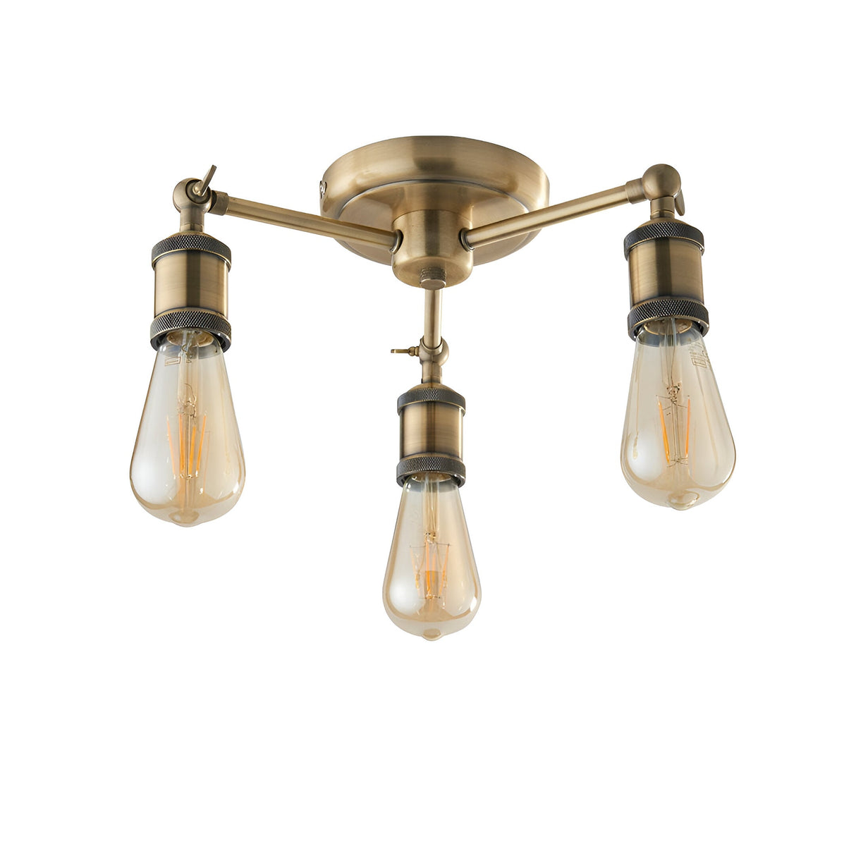 Endon Brackley 3 light semi-flush ceiling light in brass, with three angled arms holding exposed E27 filament bulbs, on a white background.