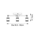 Technical dimension diagram of the Endon Brackley 3 Light Semi-Flush Ceiling Light, showing a 13cm height and 35.5–50cm adjustable diameter.