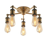 Brackley 5 Light Semi-Flush Ceiling Light in brass, five splayed arms with exposed E27 bulbs on a round ceiling plate, shown on a plain white background.