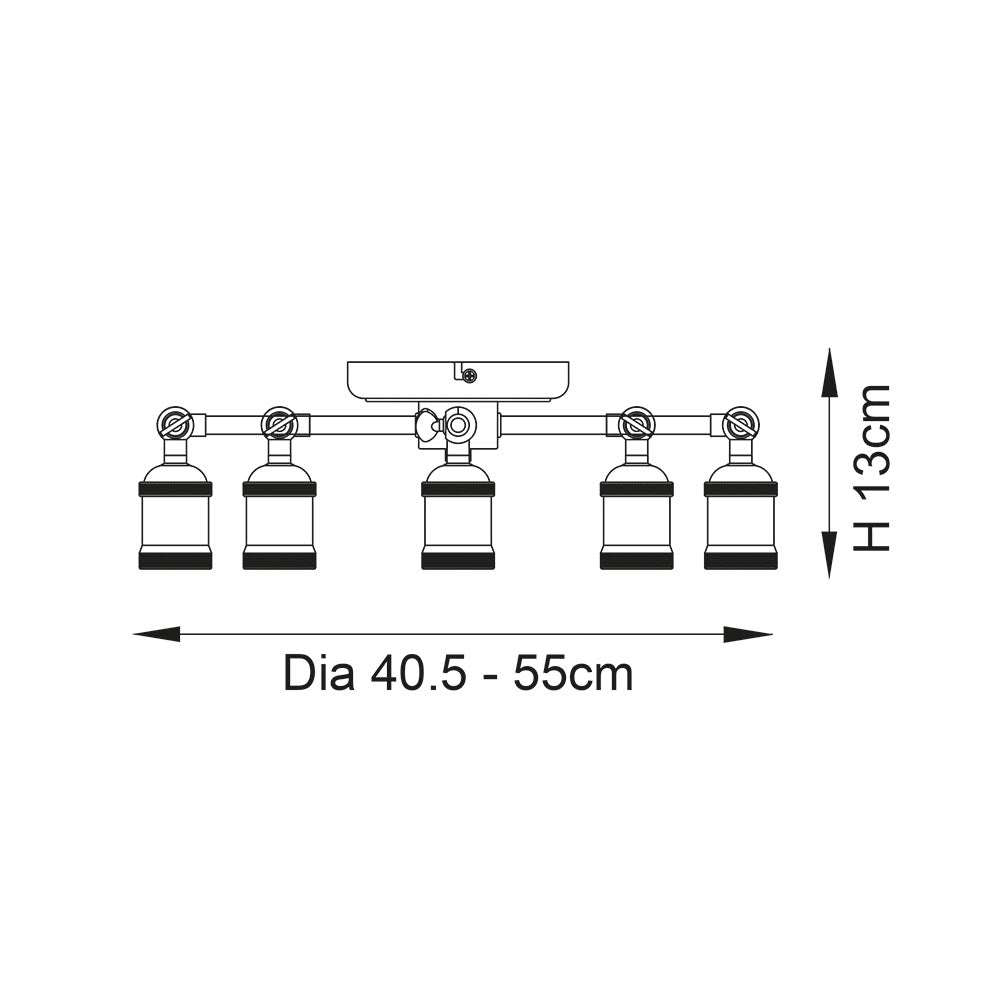 Line drawing of the Brackley 5 Light Semi-Flush Ceiling Light in brass, showing five E27 arms spanning 40.5-55cm wide and 13cm high.