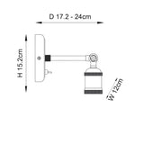 Technical line drawing of the Brackley wall light in antique brass showing an adjustable arm, single E27 fitting, and dimensions H15.2cm, D17.2-24cm, W12cm.
