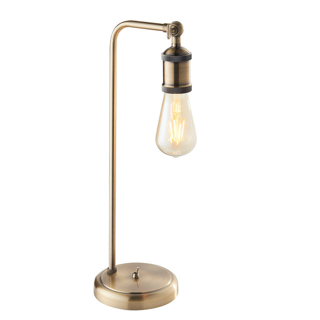 Brackley brass table lamp, industrial single-light design with adjustable knuckle joint, exposed E27 bulb, round base with on/off switch, on white background.